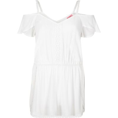 White lace trim bardot playsuit cover-up